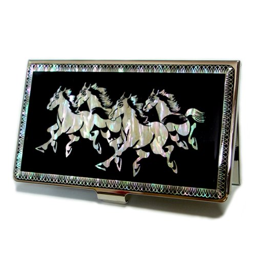 Antique Alive Visitenkartenetui Perlmutt OVP Metall Elegant Edelstahl Design (Pferd) von Antique Alive