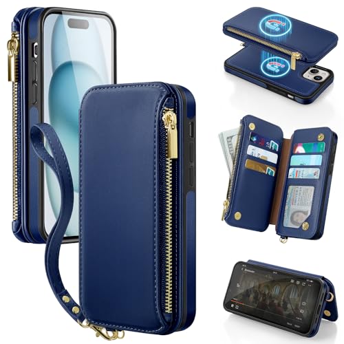 Antsturdy 2-in-1 abnehmbare Schutzhülle für iPhone 15 Plus mit Magsafe, RFID-blockierend, magnetisch, kabelloses Laden, PU-Leder, Handyhülle, Klapphülle, Folio-Abdeckung, Kartenhalter, Handschlaufe, von Antsturdy