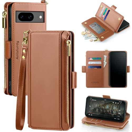 Antsturdy Google Pixel 8 Schutzhülle mit Kartenhalter für Damen und Herren, Google Pixel 8 Handyhülle, RFID-blockierend, PU-Leder, Klapphülle, stoßfest, mit Riemen, Reißverschluss, von Antsturdy