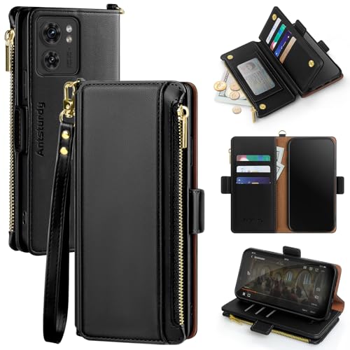 Antsturdy Kompatibel mit Motorola Edge 2023 Brieftaschen-Schutzhülle mit Kartenhalter, für Damen und Herren, PU-Leder, RFID-blockierend, Ständer, Handschlaufe, Reißverschluss, Kreditkartenfächer von Antsturdy