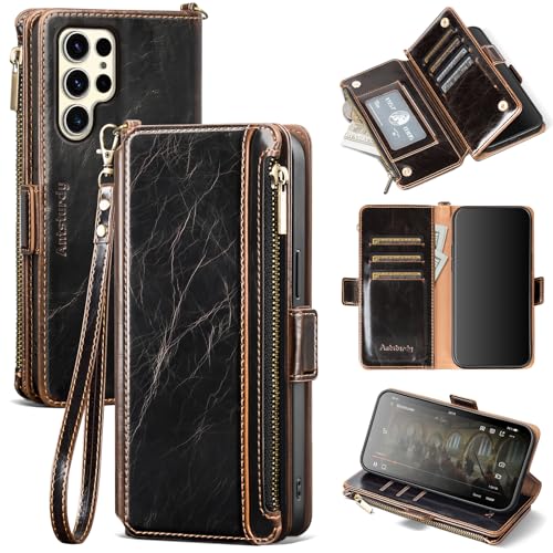 Antsturdy Kompatibel mit Samsung Galaxy S25 Ultra Brieftaschen-Schutzhülle mit Kartenhalter, PU-Leder, Klapp-Schutzhülle, RFID-blockierende Handschlaufe, Kreditkartenfächer, Ständer, für Herren und von Antsturdy