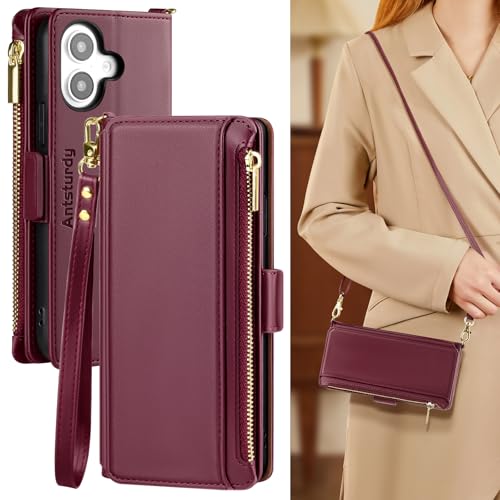 Antsturdy Kompatibel mit iPhone 16e, Brieftaschen-Schutzhülle für Damen, RFID-Blockierung, Crossbody-Handyhülle, PU-Leder, Reißverschluss, Handschlaufe, Klappdeckel, Kreditkartenfach, für Apple 16e von Antsturdy
