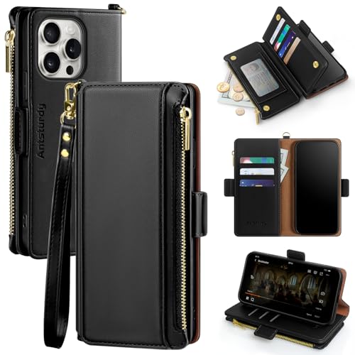 Antsturdy Kreditkartenhalter Für iPhone 13 Pro Max 5G Wallet Case 【RFID-blockierend】【Reißverschlussfach】【7 Kartenfächer】 PU-Leder-Handyhülle Flip Folio Cover Kickstand Damen Herren (schwarz) von Antsturdy