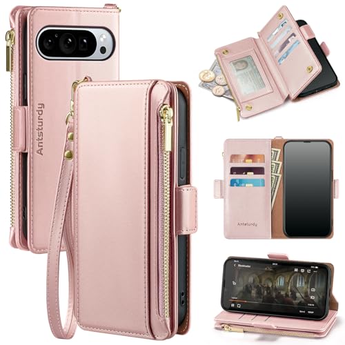 Antsturdy Kompatibel mit Google Pixel 9 Pro XL 5G, Brieftaschen-Schutzhülle mit Kartenhalter, Handyhülle, PU-Leder, Flip-Cover, RFID-blockierende Handschlaufe, Reißverschluss, Kreditkartenfächer, von Antsturdy