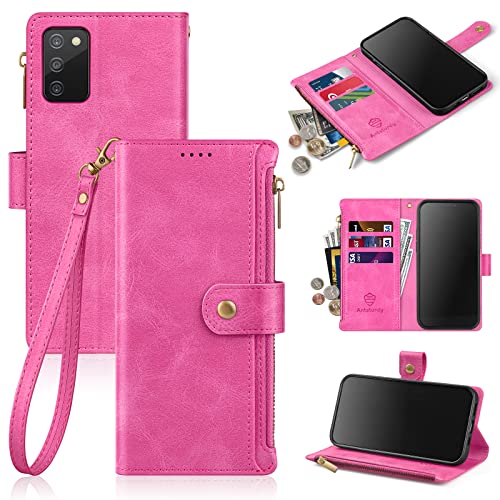 Antsturdy Schutzhülle für Samsung Galaxy A03S [RFID-Blockierung] PU-Leder Flip Folio Book Schutzhülle mit Handschlaufe [Reißverschlusstasche] Kreditkartenetui Kickstand Funktion Herren Damen Hot Pink von Antsturdy