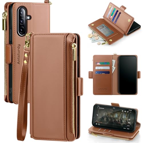 Antsturdy Schutzhülle für Samsung Galaxy A36 5G / A56 5G, mit Kartenhalter, RFID-blockierend, PU-Leder, stoßfest, Handschlaufe, Reißverschluss, Kreditkartenfächer, Hellbraun von Antsturdy