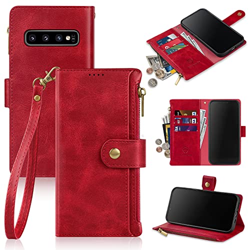 Antsturdy Schutzhülle für Samsung Galaxy S10+/S10 Plus, 16.3 cm (6.4 Zoll), PU-Leder, Handtasche [RFID-Blockierung] [Reißverschluss-Tasche] Kreditkartenhalter [Ständer-Funktion], Rot von Antsturdy