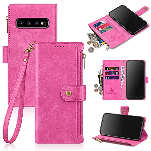 Antsturdy Schutzhülle für Samsung Galaxy S10+/S10 Plus, 16.3 cm (6.4 Zoll), PU-Leder, Handtasche [RFID-Blockierung] [Reißverschlusstasche] Kreditkartenhalter [Ständer-Funktion], Hot Pink von Antsturdy