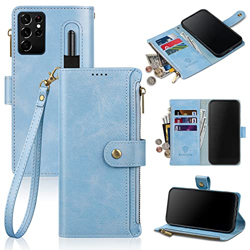Antsturdy Schutzhülle für Samsung Galaxy S21 Ultra 17,5 cm (6,9 Zoll), LuxusPULeder, FolioFlipSchutzhülle mit Handgelenkschlaufe [RFIDBlockierung] [Reißverschlusstasche] Kreditkartenhalter von Antsturdy
