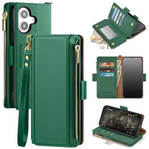Antsturdy Schutzhülle für iPhone 16 Plus, RFID-blockierend, PU-Leder, für Damen und Herren, mit Ständer, Handschlaufe, Reißverschluss, Kreditkartenfächer, für Apple 16 Plus, 17 cm, Grün von Antsturdy