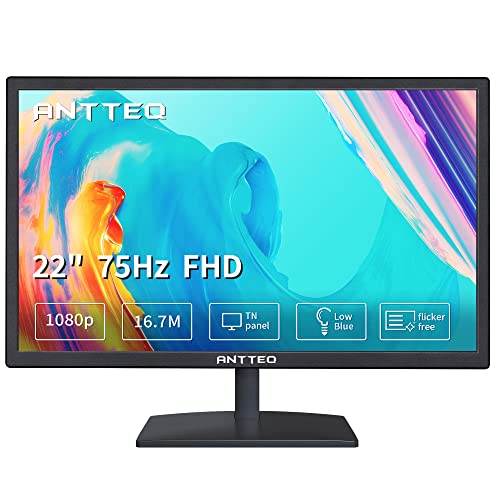 Antteq 22-Zoll-Computermonitor, FHD 1080p 75Hz Desktop-Monitor, Low Blue Light, Augenkomfort, HDMI-VGA-Anschlüsse, LED-PC-Monitor, Schwarz von Antteq