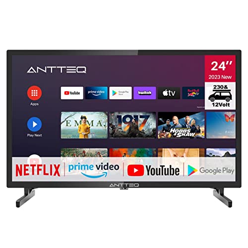 Antteq AG24N1C Android Fernseher 24 Zoll (61cm) Smart TV mit 12 Volt KFZ-Adapter, Hey Google, Chromecast, DAZN,Bluetooth-Sprachfernbedienung,Prime Video, Disney+, Wi-Fi, Triple Tuner, 230V/12V von Antteq