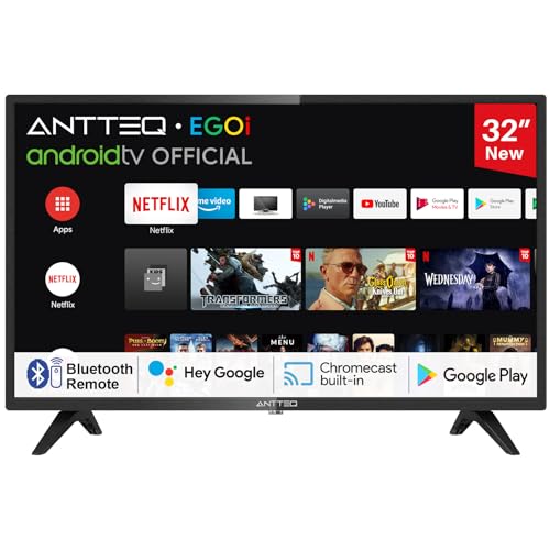 Antteq AG32H3 Smart TV 32 Zoll (Fernseher 80 cm) Android TV, Google Bluetooth Sprachassistent,Triple Tuner (DVB-C/S2/T2),kompatibel mit Google Play Store (DAZN/Netflix/Prime Video),WiFi von Antteq