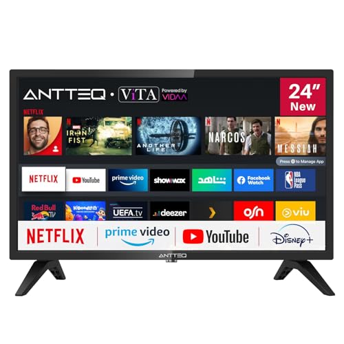 Antteq AV24H3 Fernseher 24 Zoll (60 cm) Smart TV mit Netflix, Prime Video, Rakuten TV, DAZN, YouTube, UVM, WiFi, Triple-Tuner DVB-T2 / S2 / C von Antteq