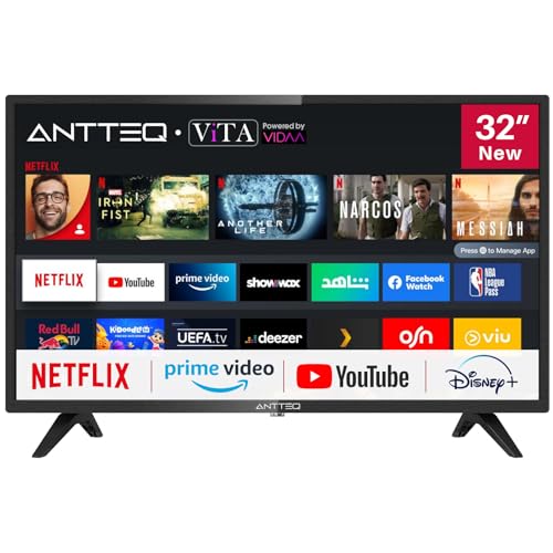 Antteq AV32 Fernseher 32 Zoll (80 cm) Smart TV mit Netflix, Prime Video, Rakuten TV, DAZN, Disney+, YouTube, UVM, WiFi, Triple-Tuner DVB-T2 / S2 / C, Dolby Audio 2024 von Antteq