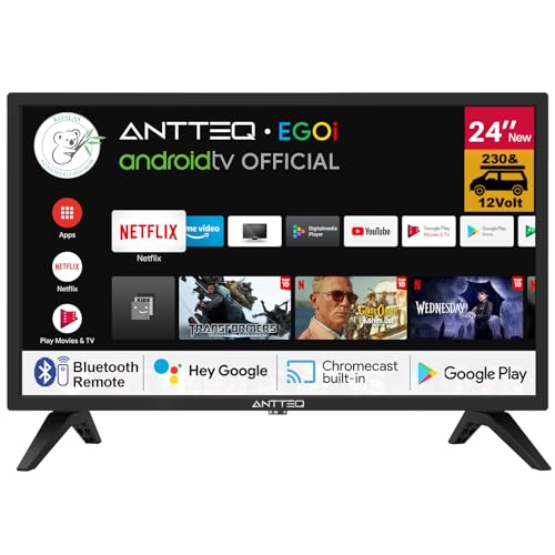 Antteq G24-AH3CF1D Smart TV 24 Zoll(61 cm) mit 12 Volt KFZ-Adapter Google TV,HD,Triple Tuner,DAZN,WiFi,Bluetooth-Sprachfernbedienung,230V/12V,2024 von Antteq