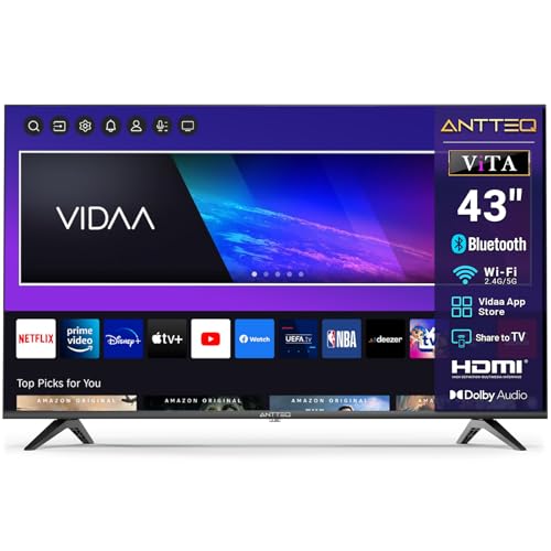 Antteq V43-AF3Q1-BT Smart TV 43 Zoll (109cm) Fernseher,FHD,Vidaa OS,App Store,Bluetooth Control,Netflix/Prime Video/DAZN/UVM,WiFi,Triple Tuner(DVB-T2/S2/C),Hotelmodus,2025 von Antteq