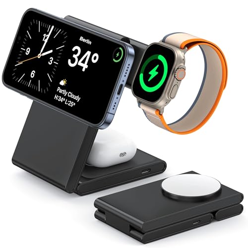 3 in 1 Faltbar Kabelloses Ladegerät, Magnetische Ladestation für Apple Watch 9/Ultra 2/8/7/6/SE/5/4, Für MagSafe ladegerät kompatibel mit iPhone 15 Pro/Pro Max/Plus 14 13 12, with 20W Adapter von Anykon