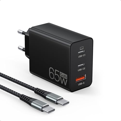 65W USB C Ladegerät, 3Port Schnellladegerät mit 2M Typ C Ladekabel geflochtenem USB C Netzteil für Tablet; Laptops; Handy; Wie iPhone 15 Pro Max/14/13/12/11, Switch, Galaxy S23/S23 Ultra/ S22 usw von Anykon