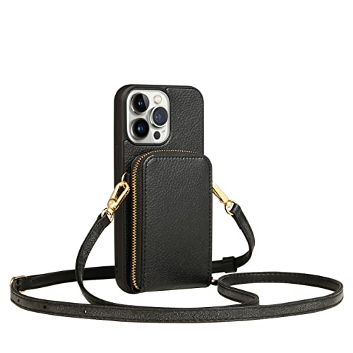 Anyos Crossbody Wallet Case für iPhone 14 Pro, [6 Kartenfächer] Leder Reißverschluss Geldbörse Handyhülle mit RFIDblockierendem Kartenhalter Handschlaufe Handtasche Hülle Damen für iPhone 14 Pro 6,1 von Anyos