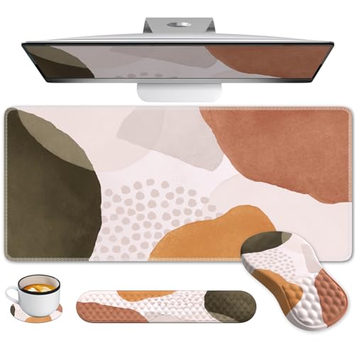 Anyshock Beige Schreibtischmatte, Boho-Mauspad und Tastatur-Handgelenkauflage, 4 Stück, Karpaltunnel-Mauspad mit Handgelenkauflage und Tastatur-Pad, große Schreibtischmatte für Desktop-Laptop, Büro, von Anyshock