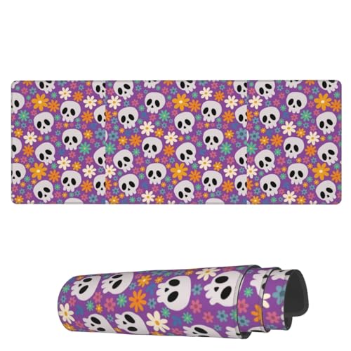 AoHanan Großes Mauspad mit Totenköpfen und Blumen auf violettem Design, erweitertes Gaming-Mauspad mit genähten Kanten, 3 mm, Bürodekoration, für Damen und Herren, Computerzubehör für Zuhause, Büro von AoHanan