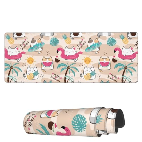 AoHanan Kawaii Sommer-Mauspad mit niedlichen Katzen, großes Gaming-Mauspad mit genähten Kanten, 3 mm, Bürodekoration, für Damen und Herren, Computerzubehör für Zuhause, Büro, 80 x 30 cm von AoHanan