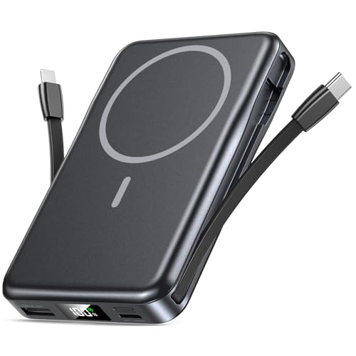 Powerbank für Magsafe, Magnetische Power Bank 10000mAh, PD 20W Schnellladung Kabellose Powerbank mit Integrierten Kabeln, Tragbares Ladegerät für iPhone 16/15/14/13/12/Pro/Pro Max - Schwarz von Aobbow