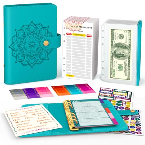 Aocii Budget Binder Budget Planer Español, A6 Budget Ordner, Sparagenda, Design mit spanischem Veranstalter Geld, Finanzagenda, Planer Aufkleber (blau) von Aocii