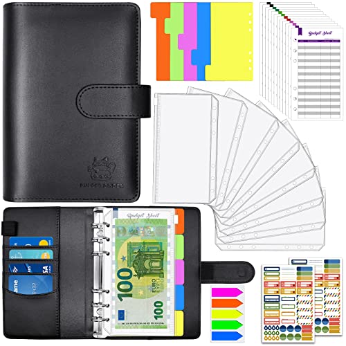 Aocii Budget Planner, Budget Binder A6, Geld Organizer, Bugetplaner mit Folien, Finanzplaner, Haushaltsbuch mit Geldfächer Umschlagmethode, Cash Stuffing Set mit Magnetschnalle (Schwarz) von Aocii