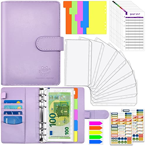 Aocii Budget Planner, Budget Binder A6, Geld Organizer, Bugetplaner mit Folien, Finanzplaner, Haushaltsbuch mit Geldfächer Umschlagmethode, Cash Stuffing Set mit Magnetschnalle (violett) von Aocii