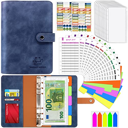 Aocii Budget Planner, Budget Binder A6, Geld Organizer, Bugetplaner mit Folien, Finanzplaner, Haushaltsbuch mit Geldfächer Umschlagmethode, Cash Stuffing Set mit Ringbuch A6 (Blau) von Aocii