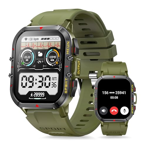 Aoekne Smartwatch Herren Militär mit Telefonfunktion, 1.96'' Fitnessuhr mit 100+ Sportmodi Herzfrequenz SpO2 Schlafmonitor Schrittzähler Wasserdicht Smartwatch für iOS Android (Schwarz) von Aoekne