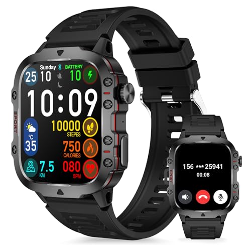 Smartwatch Herren mit telefonfunktion, 1,96 Zoll Uhren Fitness Tracker Uhr mit Schrittzähler Sportuhr Herzfrequenz SpO2 Schlafmonitor Wasserdicht Fitnessuhr Militär Smart Watch für iOS Android Schwarz von Aoekne