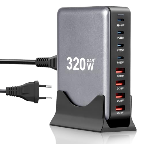 Aofesel USB C Ladegerät 320W: 8-Ports USB Schnellladegerät USB C mit 4 USB-C und 4 USB-A - Schnellladegerät PD 3.0 Power Adapter für Laptop, MacBook, iPad, iPhone, Sumsung usw von Aofesel