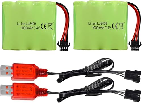 2Stück 7,4 V 1000 mAh Lithium-Batterie mit SM-4P-Stecker und USB-Ladekabel für RC-Auto, Boot, LKW, DE36W DE65 NO.1809 RC-Spielzeugauto, Geländewagen, Kletterdrift-Rennbatterie von Aofonchy