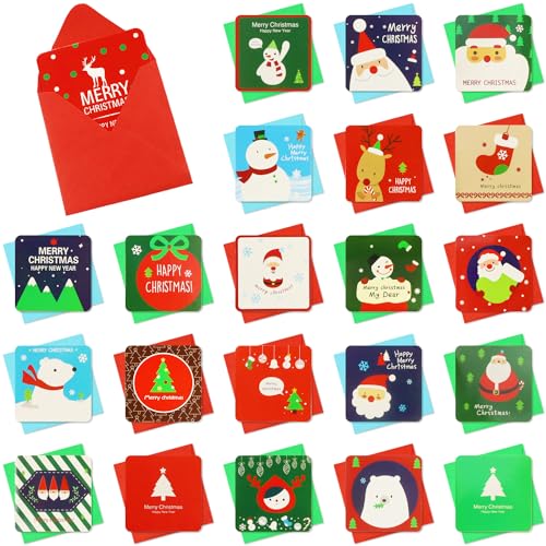 Aohcae 24 Stück Weihnachtskarten mit Umschlägen, Mini Weihnachtskarten 7 x 7 CM Mini briefumschläge mit Karten für Winterferien Neujahr Party von Aohcae