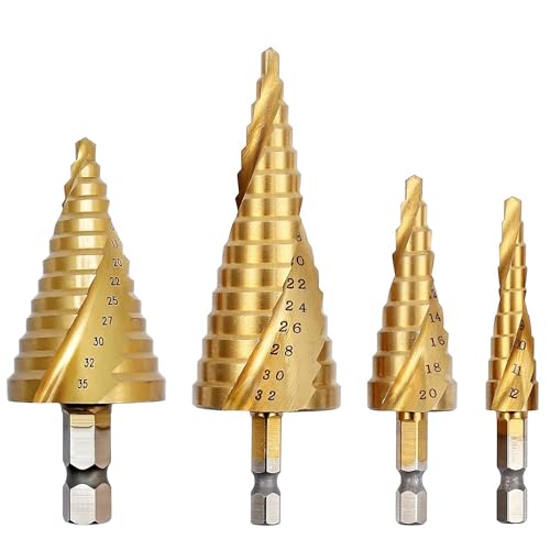 Aohoo 4tlg Metall Stufenbohr Set[ Ø 5-35mm, 4-32mm, 4-20mm, 4-12mm | HSS Titanbeschichtung | Extra Scharf], Kegelbohrer, Schälbohrer für Metall, Edelstahl, Kunststoff, Holz von Aohoo