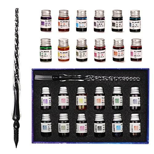 Aokuy Glasstifte-Set kalligraphie, Kalligraphie Dip Pens,12 bunte Tinten,Kaligraphie-Sets für Kunst, Schreiben, Unterschriften, Dekoration, Geschenk. (Schwarz) von Aokuy