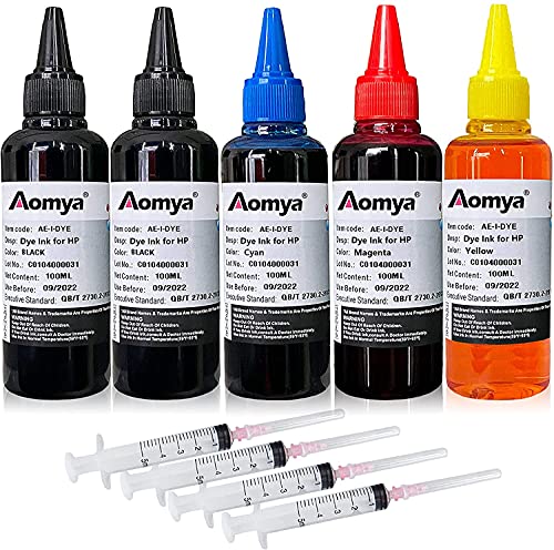 5 x 100ml Nachfüllset für HP 61 60 62 63 950 951 564 920 901 301 302 303 304 305 307 951 Tintenstrahldrucker-Patronen nachfüllbar CIS CISS System (2 Schwarz, 1 Cyan, 1 Magenta, 1 Gelb) von Aomya