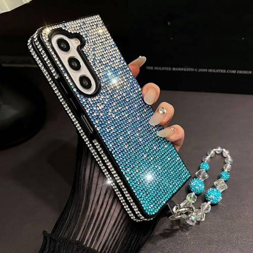 Gradientshiny Diamant-Schutzhülle für Samsung mit Armband – luxuriöse Diamant-Hülle, kratzfester Schutz + stilvoller Anhänger, für Zfold 6/5/4/3 (for zfold 4,Blue) von Aoomud
