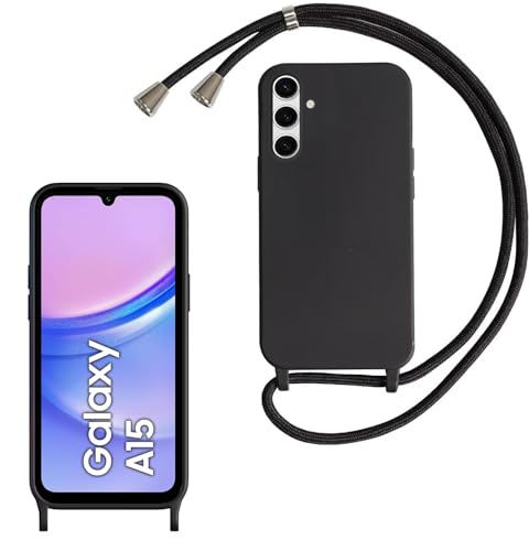 AoozeFon Handykette für Samsung Galaxy A15 5G/ 4G Hülle mit Band, Handyhülle Silikon für Samsung A15 mit Abnehmbar Kordel Stossfest Bumper Cover zum Umhängen Necklace Handyülle für A15, Schwarz von AoozeFon