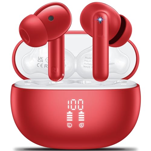 Bluetooth Kopfhörer in Ear Kopfhörer Kabellos Bluetooth 5.3 HiFi Stereoklang, Kopfhörer mit 4 ENC Cancelling Mic, 42H Kabellose Kopfhörer con LED Anzeige , IPX7 Wasserdicht, Geeignet Sport/Büro- Red Bluetooth Kopfhörer in Ear Kopfhörer Kabellos Bluetooth 5.3 HiFi Stereoklang, Kopfhörer mit 4 ENC Cancelling Mic, 42H Kabellose Kopfhörer con LED Anzeige , IPX7 Wasserdicht, Geeignet Sport/Büro- Red von Aoslen