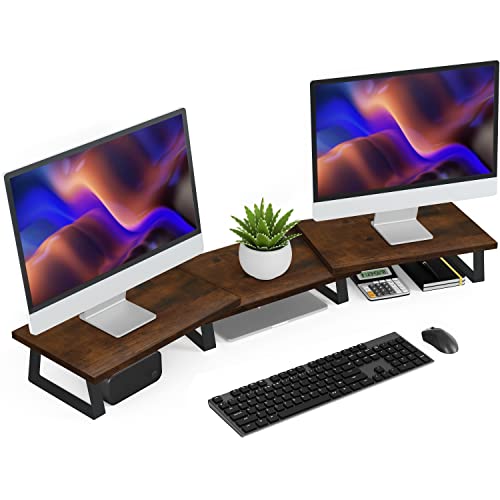 Aothia Dual-Monitorständer,Holz monitor ständer mit Verstellbare Länge und Winkel,Schreibtisch Regal für Monitor,Schreibtisch-Organizer Ständer für PC/Monitor/Drucker(Vintage) von Aothia
