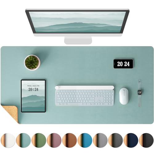 Aothia Schreibtischunterlage, Mousepad,Mauspad,91cmx43cm,doppelseitige Schreibtischmatte aus Naturkork und PU-Leder,rutschfeste wasserdichte Ledertischmatte für Büro und Zuhause(Hellblau) von Aothia