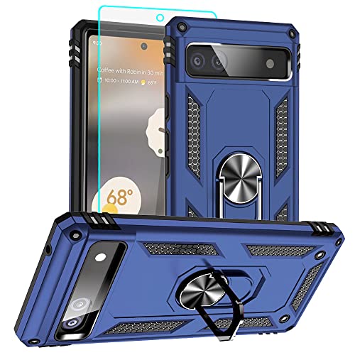 Pixel 6a Hülle, Google Pixel 6A Hülle Metallring Handyhülle & Schutzfolie, Hybrid Case Ständer Stoßstange Handy Hüllen Cover für Google Pixel 6a,Blau von Aozuoton