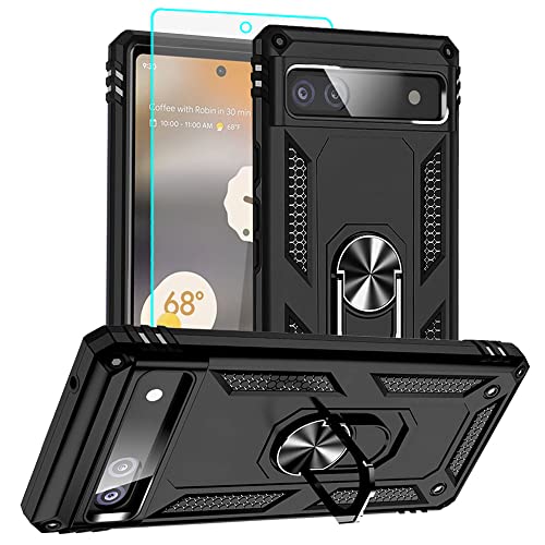 Pixel 6a Hülle, Google Pixel 6A Hülle Metallring Handyhülle & Schutzfolie, Hybrid Case Ständer Stoßstange Handy Hüllen Cover für Google Pixel 6a,Schwarz von Aozuoton