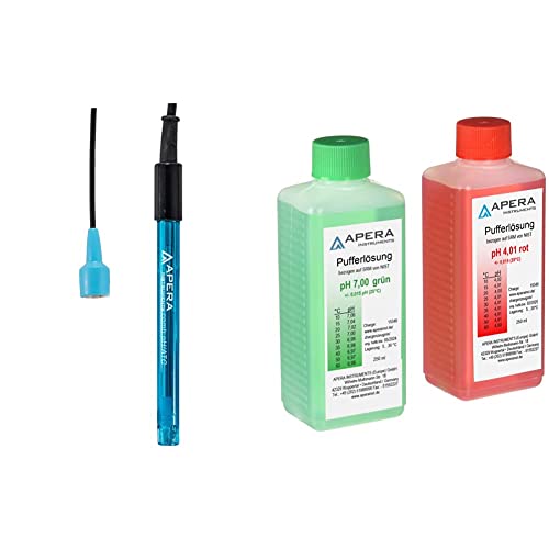 Apera Instruments 201-C kombinierte pH-Elektrode, BNC Anschluss, Polycarbonat/Glas, AI1301 & pH Kalibrierlösung Set 4.01/7.00 je 250ml, Pufferlösung Set von Apera Instruments