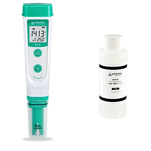 Apera Instruments EC20 EC-Meter, Leitfähigkeitsmessgerät im Taschenformat (1% Genauigkeit, BPB Sensor, Temperaturanzeige, komplettes Set) & Elektrolyt Lösung 3M (250 ml) von Apera Instruments