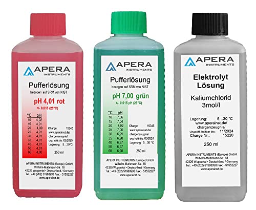 Apera Instruments pH Kalibrierlösung 4.01/7.00 + 3M KCl Elektroden Aufbewahrungslösung je 250ml, Pufferlösung Set von Apera Instruments